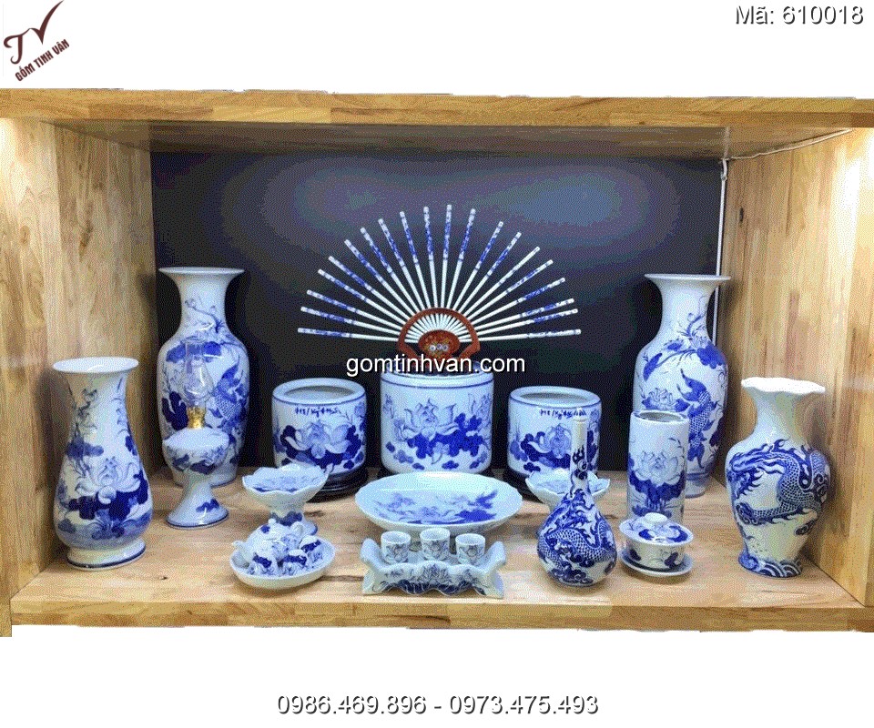 Đồ thờ cúng men lam vẽ rồng gốm sứ bát tràng - 640018