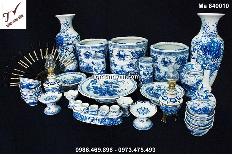 Bộ đồ thờ cúng men lam vẽ rồng gốm sứ bát tràng - 640010