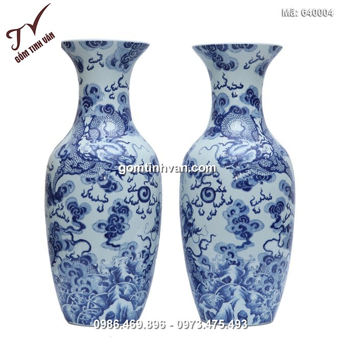 Lọ lộc bình vẽ rồng - Men lam cổ - cao 60 cm - 640004