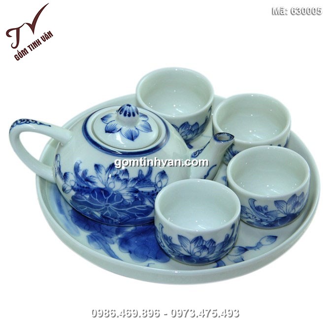Bộ ấm chén thờ - Vẽ hoa sen - Men lam - 630005