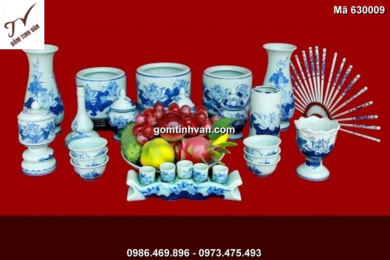 Bộ đồ thờ men lam vẽ sen gốm sứ bát tràng - 630009