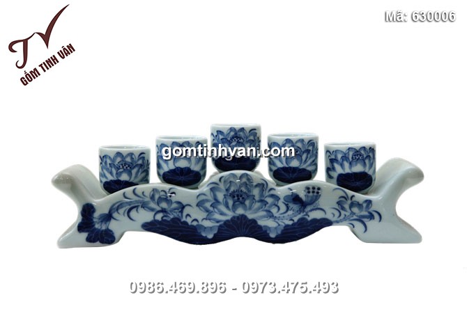 Kỷ 5 chén - Vẽ hoa sen - Men lam - 630006