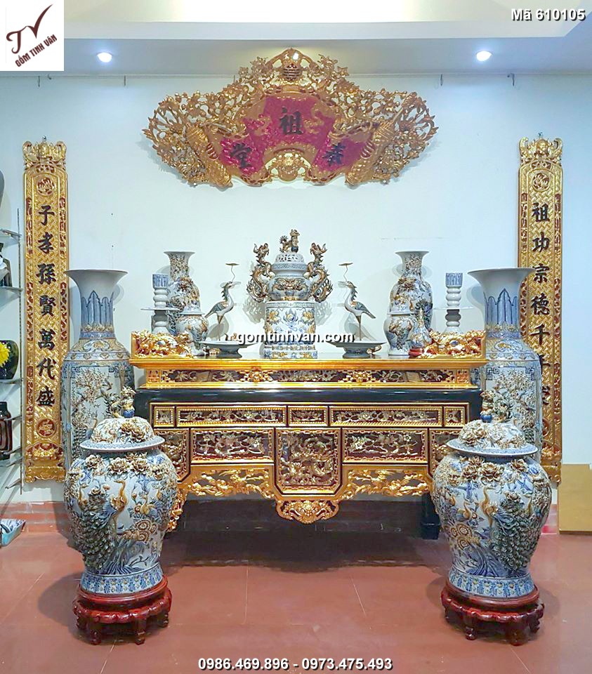 Bộ đồ thờ rạn đắp nổi gốm sứ bát tràng - 610105