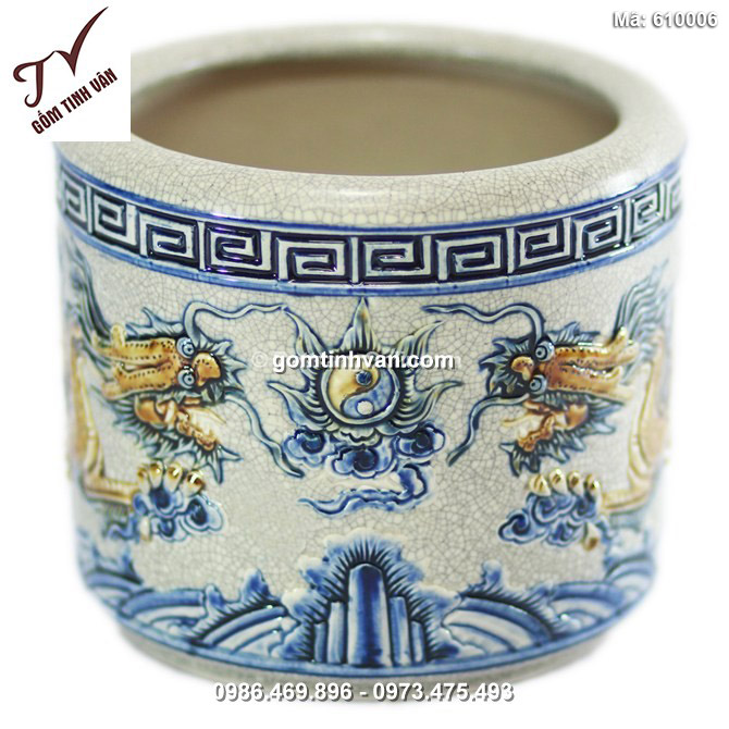 Bát hương Rồng nổi - men rạn cổ - đường kính 18 - cao 16 cm - 610006