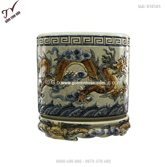Bát hương song long chầu nguyệt men rạn cổ đắp nổi - 610101