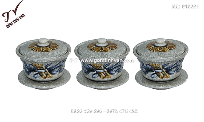 Bát nắp cuốn thư men rạn cổ đắp nổi - 610091