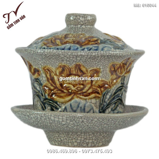 Bát nắp đắp nổi hoa sen - men rạn cổ - 610044