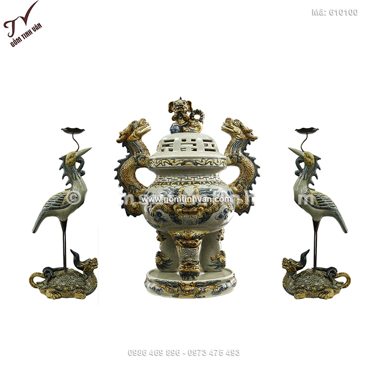 Bộ đỉnh hạc thờ men rạn cổ đắp nổi - 610100