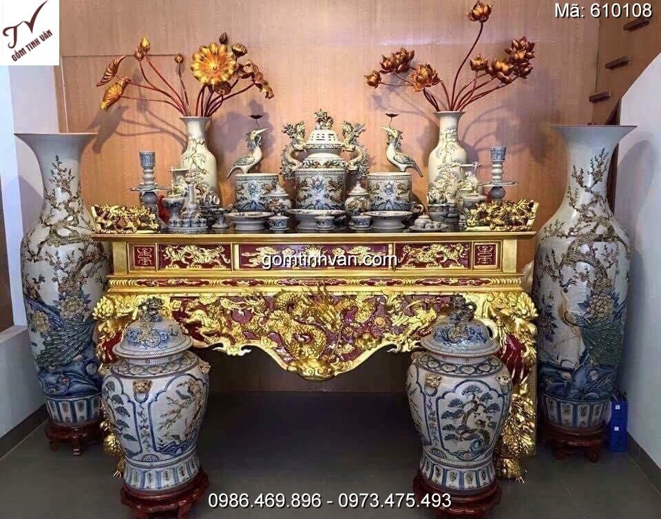 Bộ đồ thờ cúng rạn đắp nổi gốm sứ bát tràng - 610108
