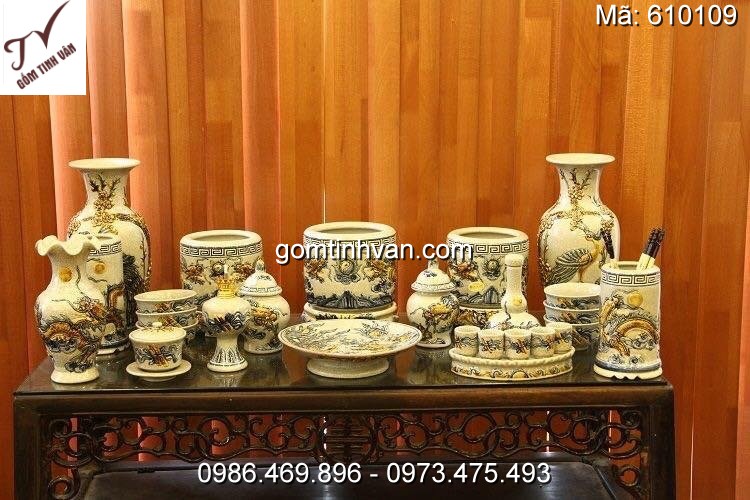 Bộ đồ thờ cúng rạn đắp nổi gốm sứ bát tràng - 610109