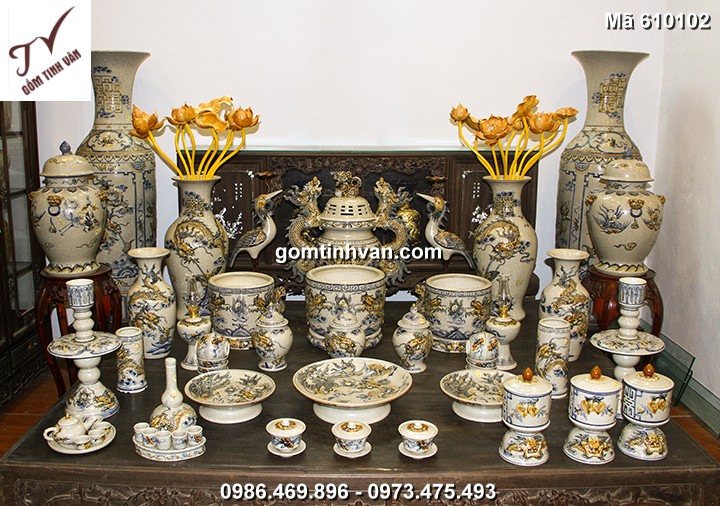 Bộ đồ thờ rạn đắp nổi gốm sứ bát tràng - 610102