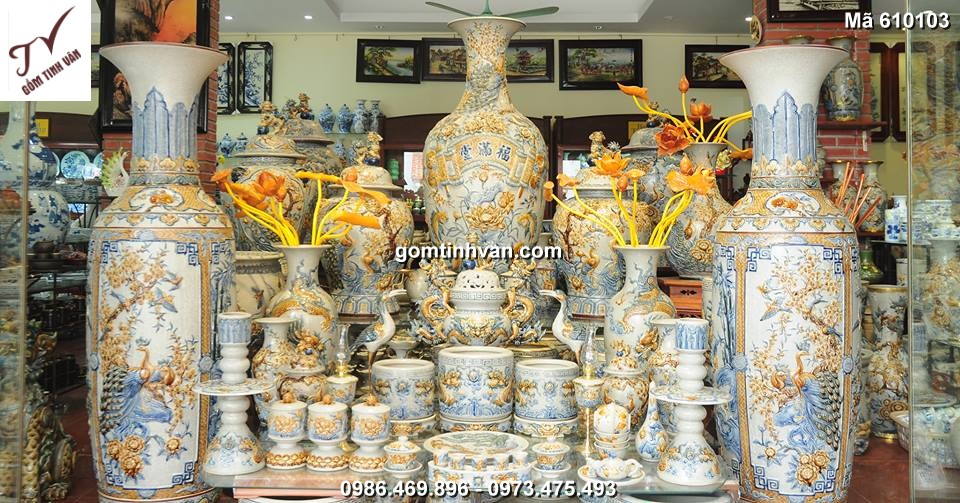 Bộ đồ thờ rạn đắp nổi gốm sứ bát tràng - 610103