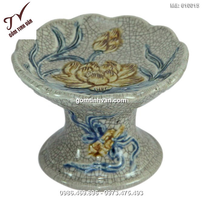 Chân để nến đắp nổi hoa sen - Men rạn cổ - 610015