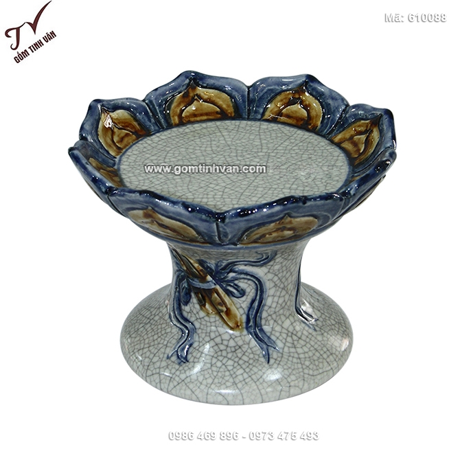 Chân nến thờ đại cánh sen men rạn cổ đắp nổi - 610088