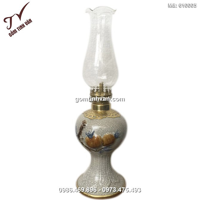 Đèn dầu thờ đắp nổi trúc đào - men rạn nổi - cao 27 cm - 610005