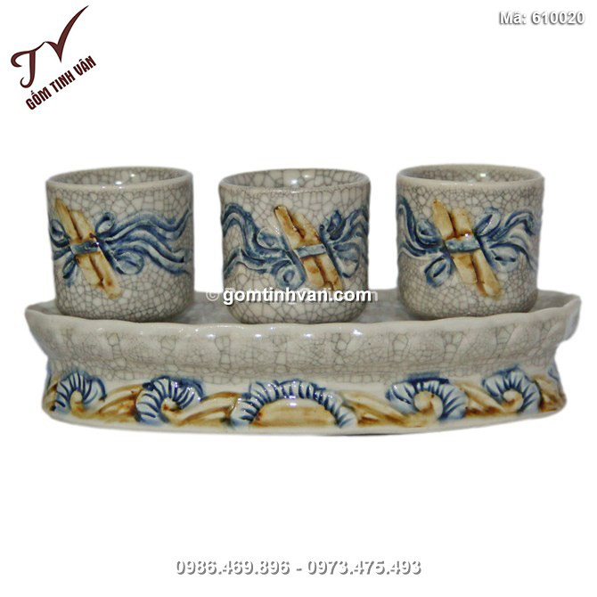 Kỷ 3 chén cuốn thư - men rạn nổi - 610020