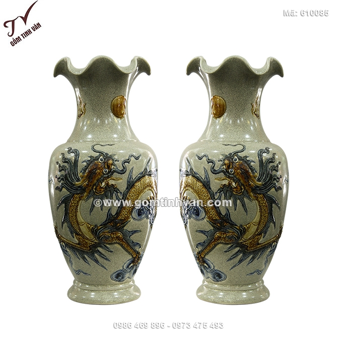 Lộc bình men miệng loe men rạn cổ đắp nổi - 610085