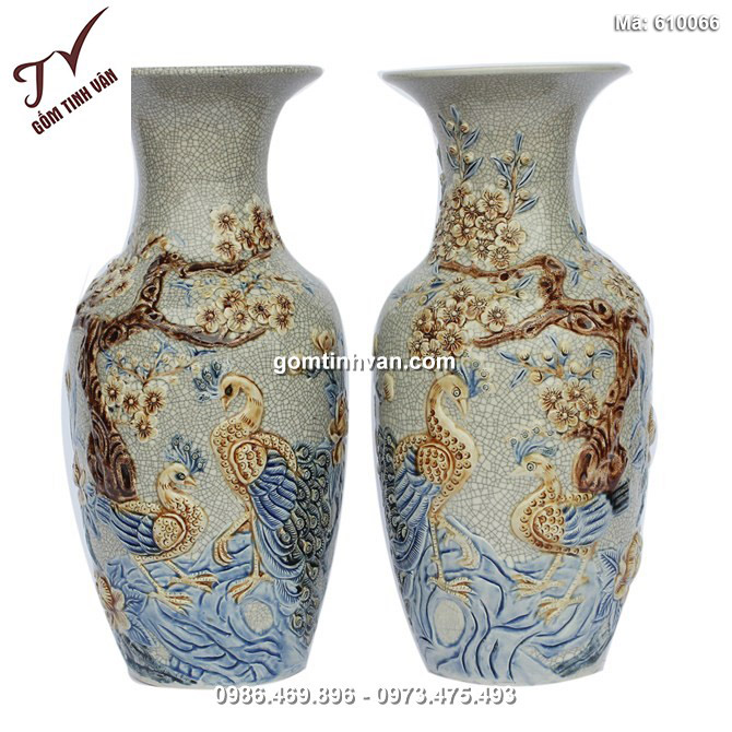 Lọ lộc bình đắp nổi chim công hoa đào - cao 36cm - 610066