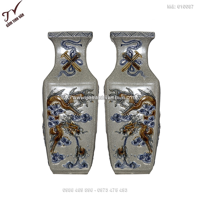 Lộc bình vuông tứ linh men rạn cổ đắp nổi - 610087