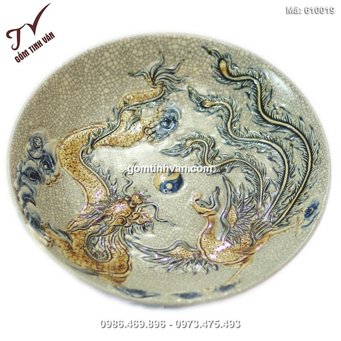 Mâm bồng Rồng Phượng - men rạn cổ - đường kính 19 cm - 610019