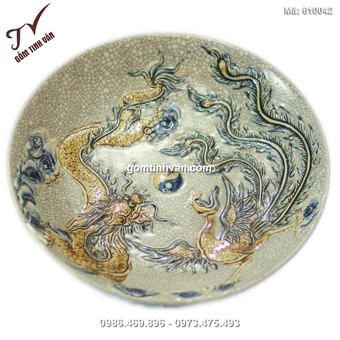 Mâm bồng Rồng Phượng - men rạn cổ - đường kính 37 cm - 610042
