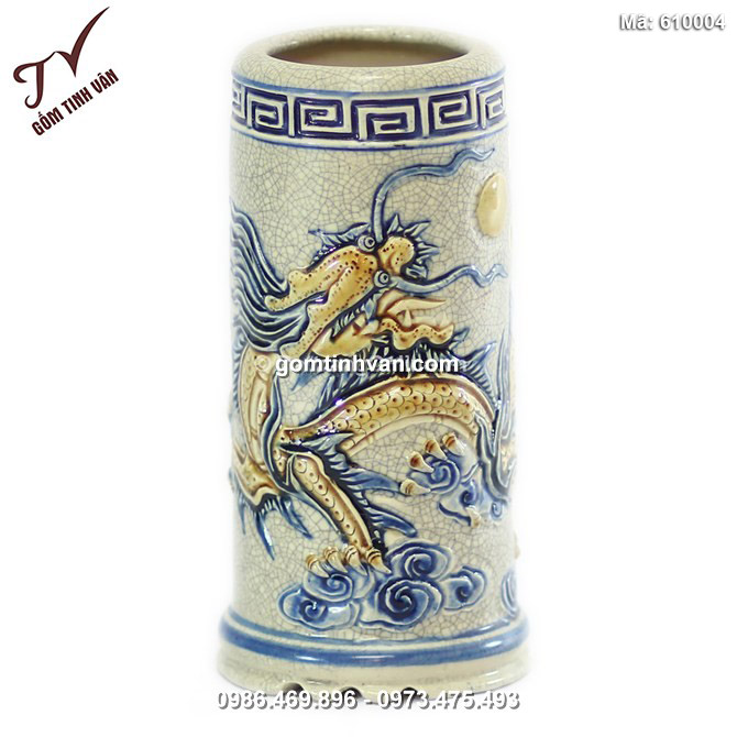 Ống hương Rồng nổi - men rạn cổ - cao 19 cm - đường kính 8 cm - 610004