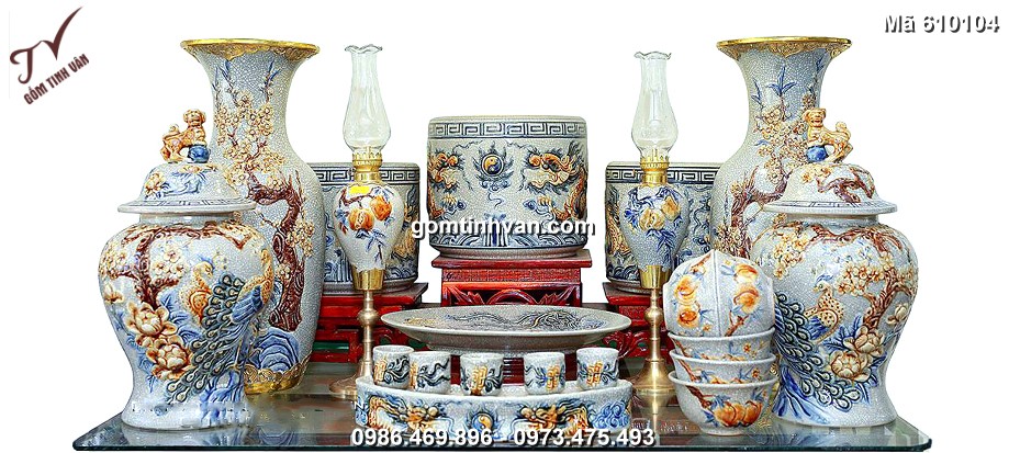Bộ đồ thờ rạn đắp nổi gốm sứ bát tràng - 610104