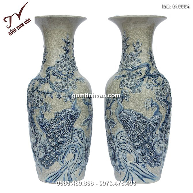 Tiểu lục bình cao 50cm - đắp nổi chim công bên hoa đào - 610064