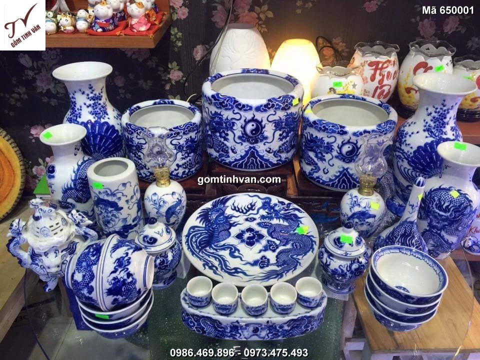 Đồ thờ lam rồng nổi gốm sứ bát tràng - 650001