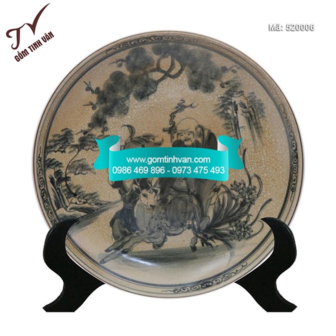 Đĩa cảnh trưng bày men rạn bọc đồng đường kính 35cm - 520006