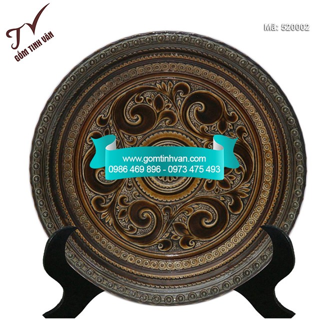Đĩa cảnh men rạn đắp nổi đường kính 35cm - 520022