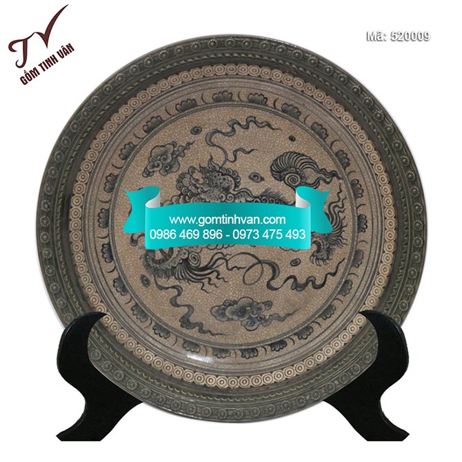 Đĩa cảnh trưng bày men rạn có viền đắp nổi đường kính 35cm - 520009