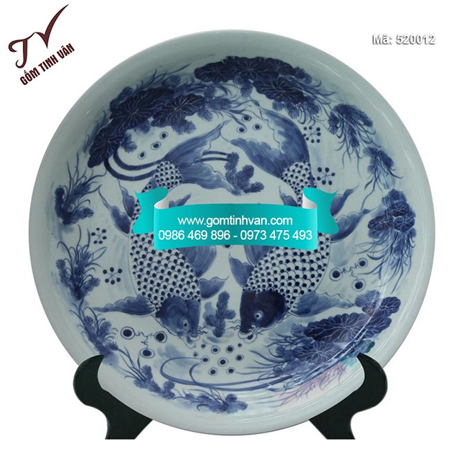 Đĩa cảnh trưng bày vẽ lý ngư vọng nguyệt đường kính 43cm - 520012