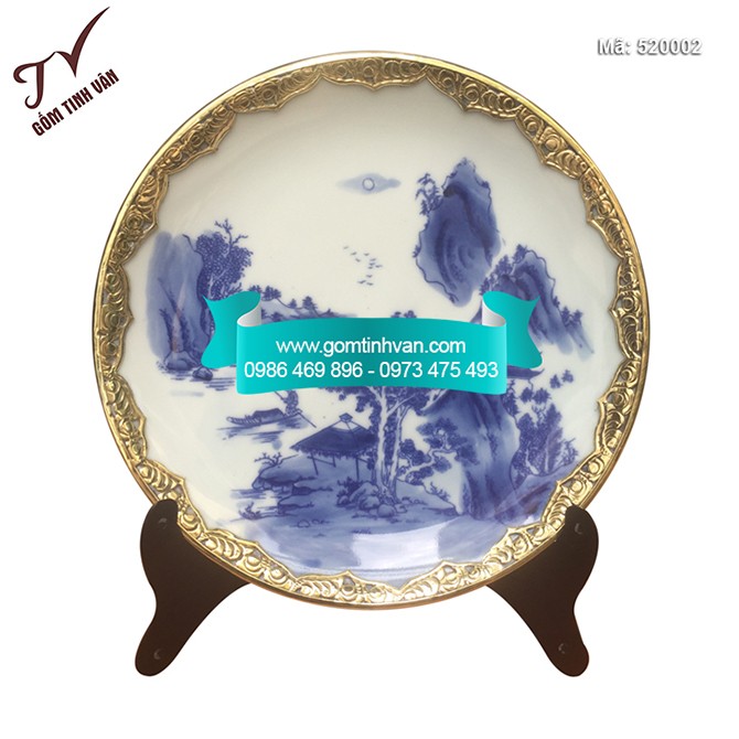 Đĩa cảnh trưng bày vẽ cảnh sơn thủy men lam cổ bọc đồng đường kính 20cm - 520002