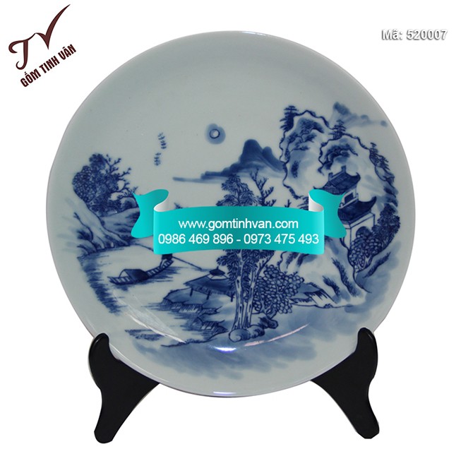 Đĩa cảnh trưng bày vẽ sơn thủy men lam cổ đường kính 20cm - 520007