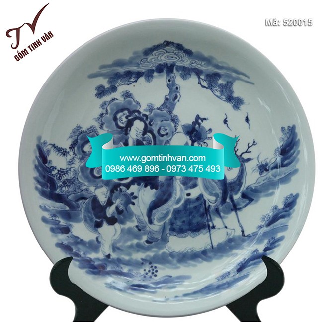 Đĩa cảnh trưng bày vẽ lão thọ men lam đường kính 53cm - 520015