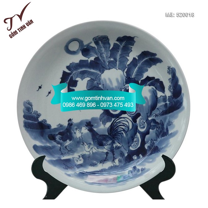 Đĩa cảnh trưng bày vẽ tiểu kê men lam đường kính 43cm - 520018