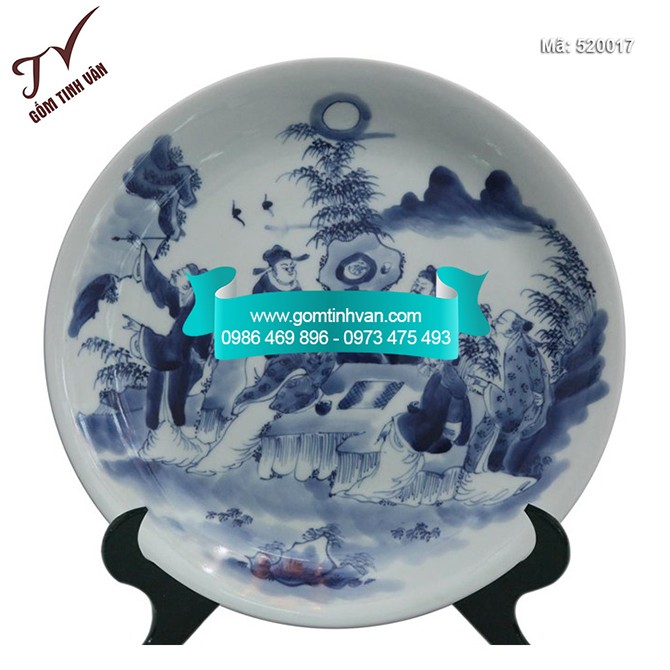 Đĩa cảnh trưng bày vẽ trúc lâm thất hiền men lam đường kính 43cm - 520017