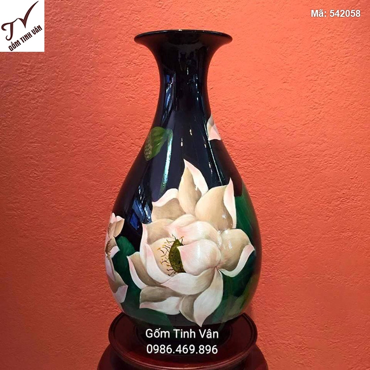 Bình hoa sơn mài dáng tỏi vẽ hoa sen - 542058