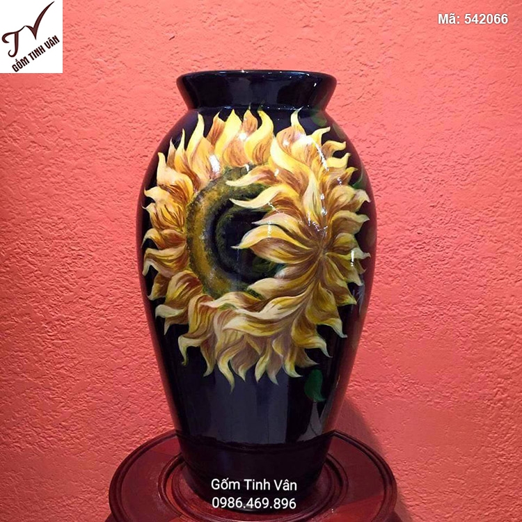 Bình hoa sơn mài cổ ngắn màu đen vẽ hoa hướng dương - 542066
