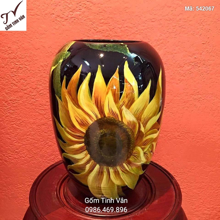 Bình hoa sơn mài màu đen không cổ vẽ hoa hướng dương - 542067