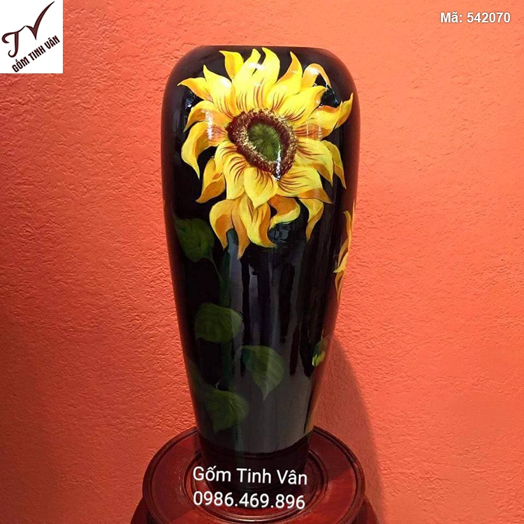 Bình hoa sơn mài màu đen vẽ hoa hướng dương - 542070