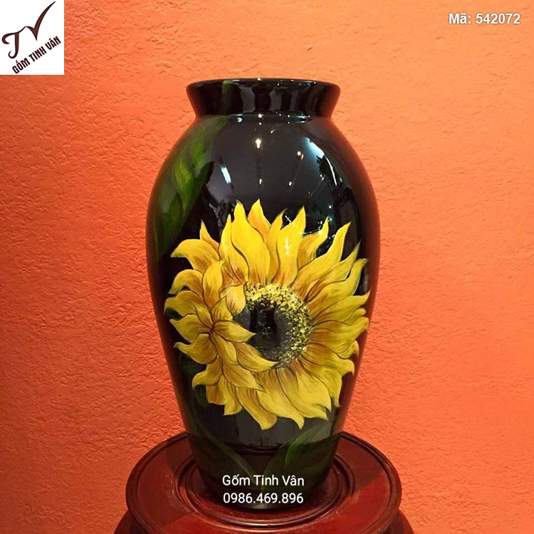 Bình hoa sơn mài màu đen cổ ngắn vẽ hoa hướng dương - 542072