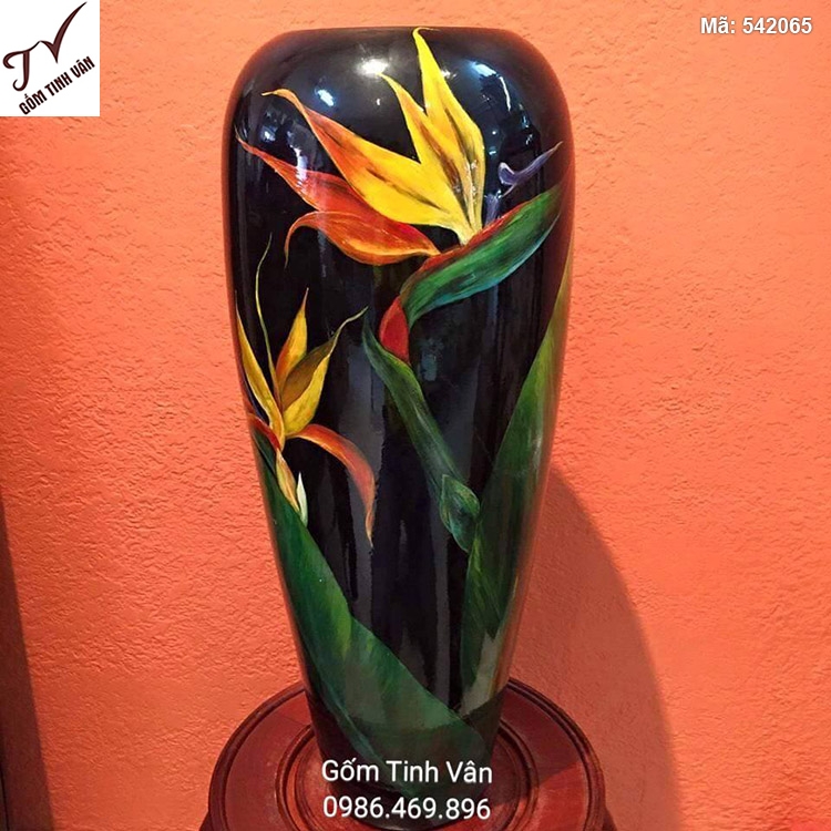Bình hoa sơn mài màu đen vẽ hoa chuối rừng - 542065