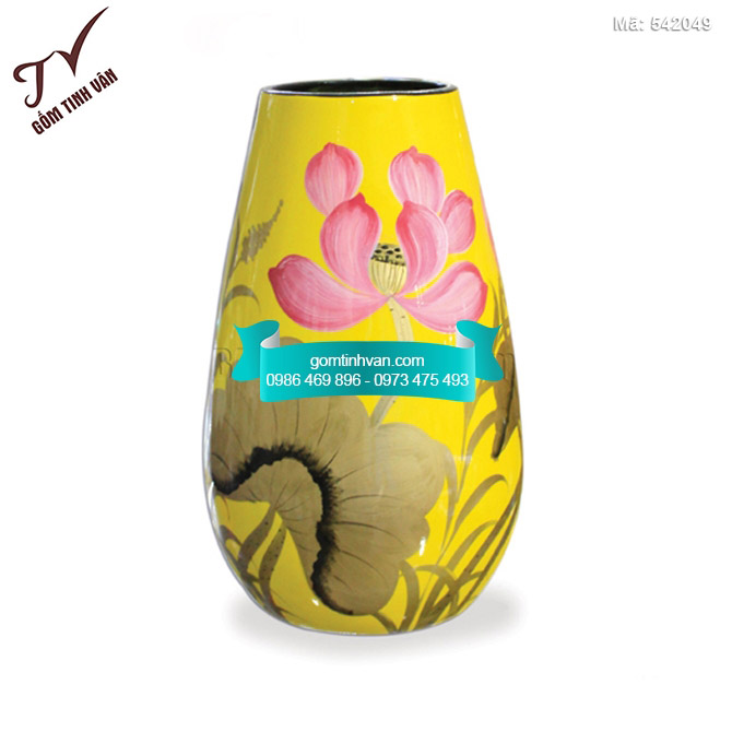 Bình hoa sơn mài dáng giọt nước vẽ hoa sen - 542049