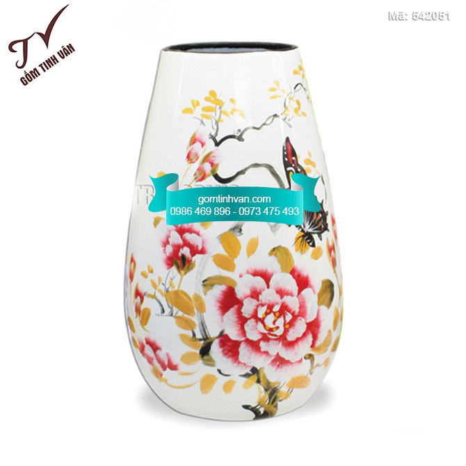 Bình hoa sơn mài dáng giọt nước vẽ hoa phù dung - 542051