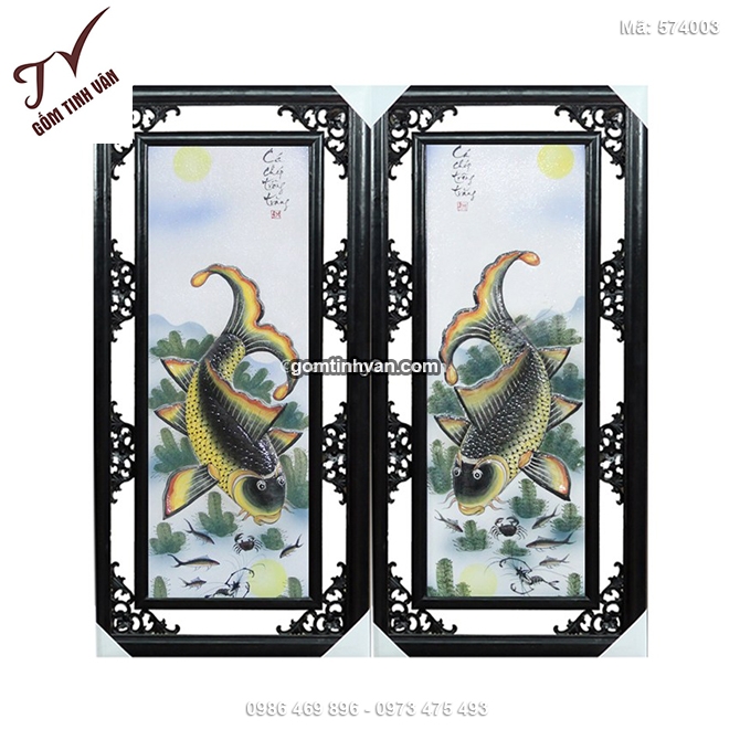 Tranh cá chép trông trăng đắp nổi cao 120cm rộng 52cm - 574003