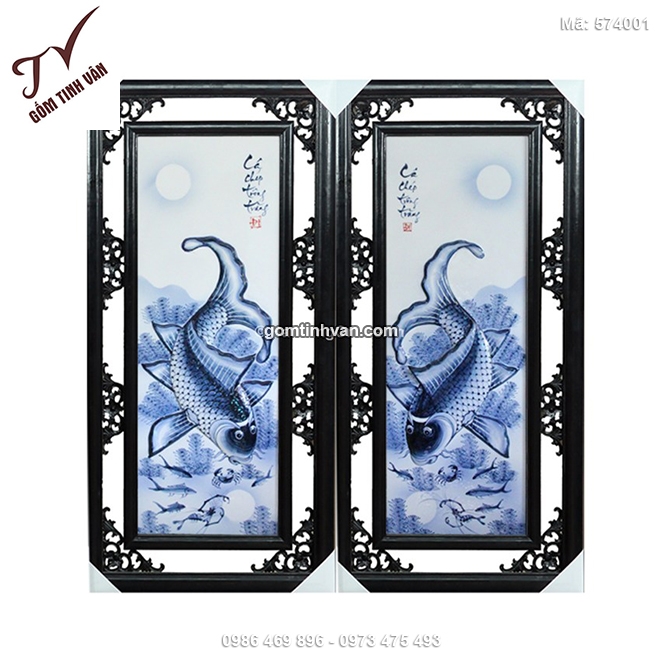 Tranh cá chép trông trăng đắp nổi màu chàm cao 1m rộng 50cm - 574001