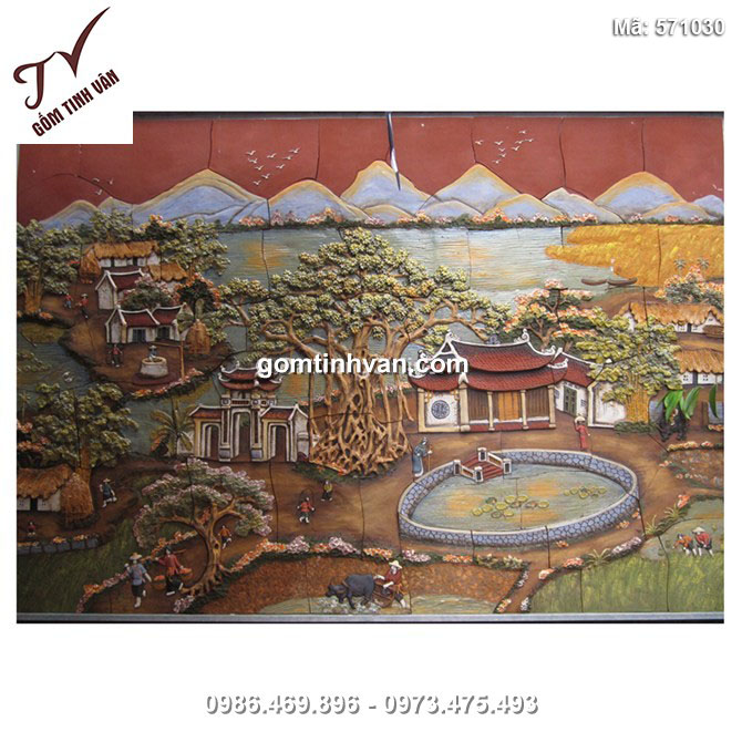 Tranh gốm ghép đắp nổi vẽ cảnh cây đa giếng nước sân đình - 571030