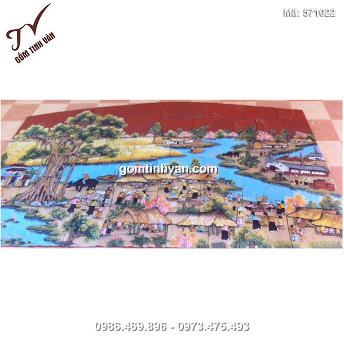 Tranh gốm ghép đắp nổi vẽ cảnh chợ quê - 571022
